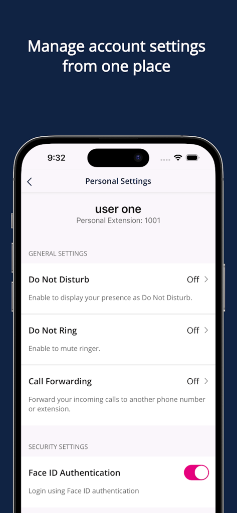 Unigy Mobile Client - Personal settings screen in the Unigy Mobile Client app showing call management and Face ID authentication options.