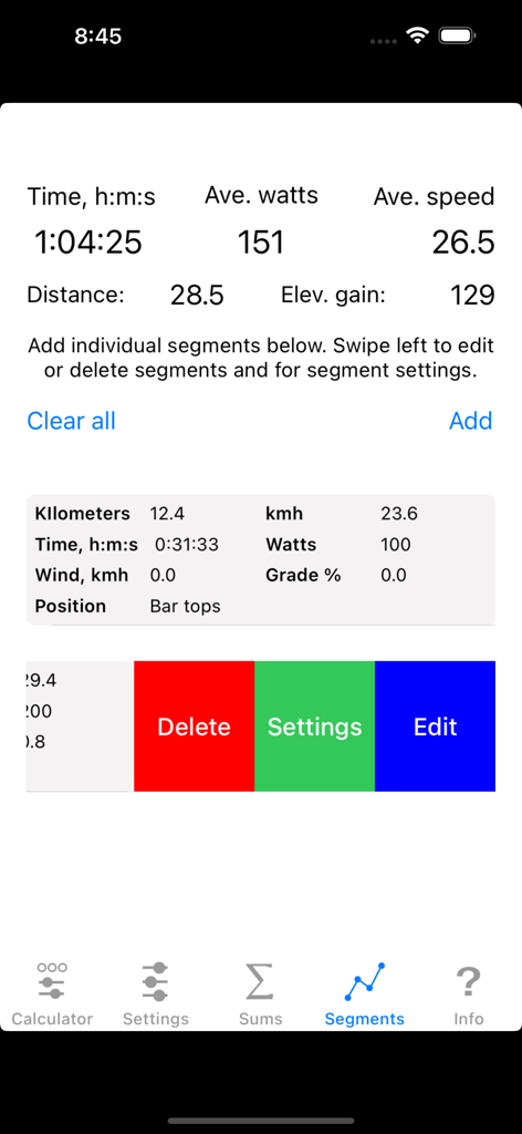 Interface of the Bike Calculator Pro app showing detailed cycling segment metrics including power, speed, and distance