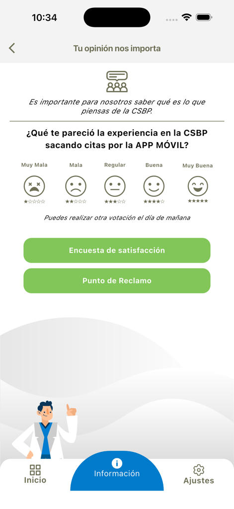 User feedback and satisfaction survey interface within the CSBP Movil app featuring a five-point emoji rating scale