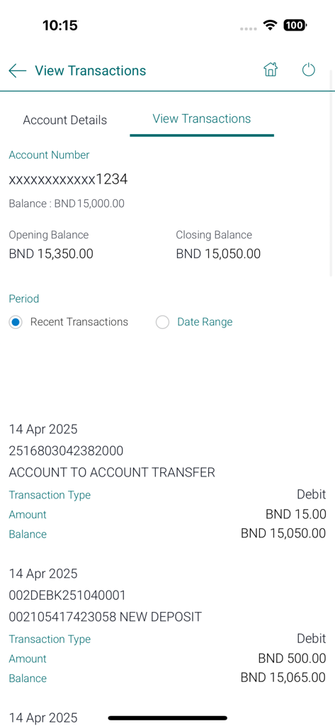 TAIBVX - Mobile screen of the TAIBVX app showing recent transaction history and account balance in Brunei dollars.