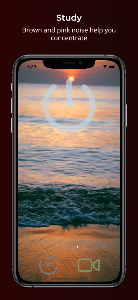 Ambient Noise: for Sleep/Study - iPhone showing the Ambient Noise app interface for study focus with a sunset beach background and text about brown and pink noise.