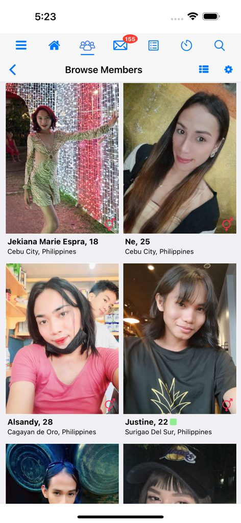 Interface of Ladyboykisses Dating app showing a list of member profiles with photos and locations in the Philippines