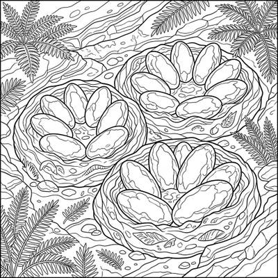 Embark on a fascinating journey back in time with this intricate coloring page featuring fossilized Oviraptorid dinosaur eggs. Delve into the details of these ancient treasures, perfectly arranged in their distinct ring-shaped clutches.
