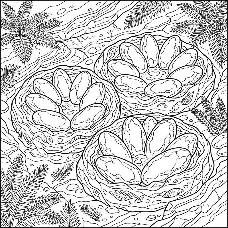 Embark on a fascinating journey back in time with this intricate coloring page featuring fossilized Oviraptorid dinosaur eggs. Delve into the details of these ancient treasures, perfectly arranged in their distinct ring-shaped clutches.