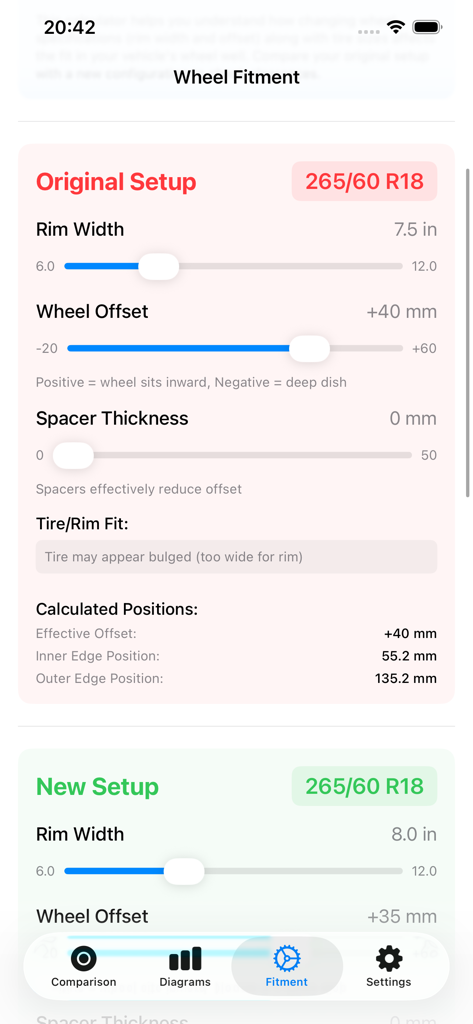 ホイール＆タイヤのマッチングアプリの画面。リム幅やオフセットなどの元のホイールと新しいホイールのセットアップパラメータを比較。