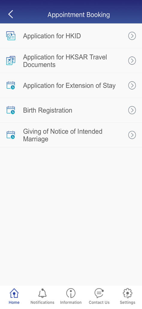 HK Immigration Department - Oberfläche zur Terminbuchung der mobilen App der Hongkonger Einwanderungsbehörde mit Optionen für HKID- und Reisedokumentenanträge.