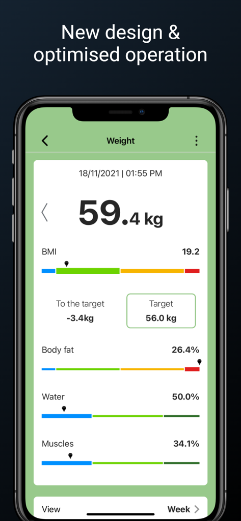 HealthForYou app interface displaying weight metrics including BMI, body fat percentage, and muscle mass tracking.