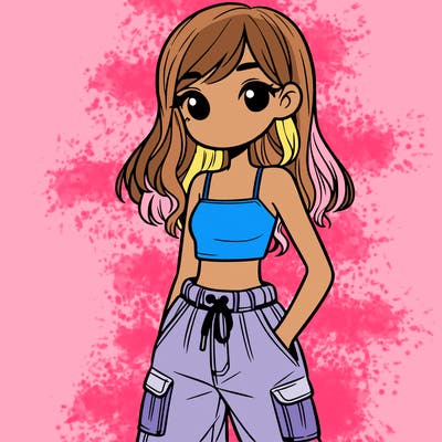 girl in crop top, baggy pants and long hair