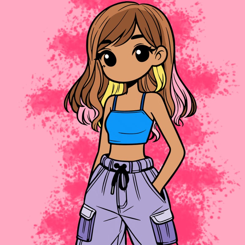 girl in crop top, baggy pants and long hair