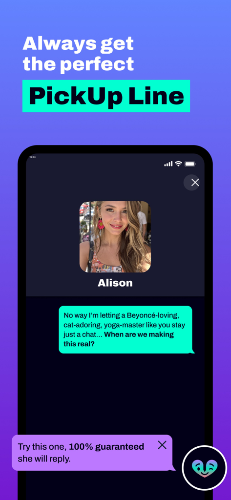 Rizz God - AI Pick Up Lines - Rizz God app screenshot showing a personalized AI generated pickup line
