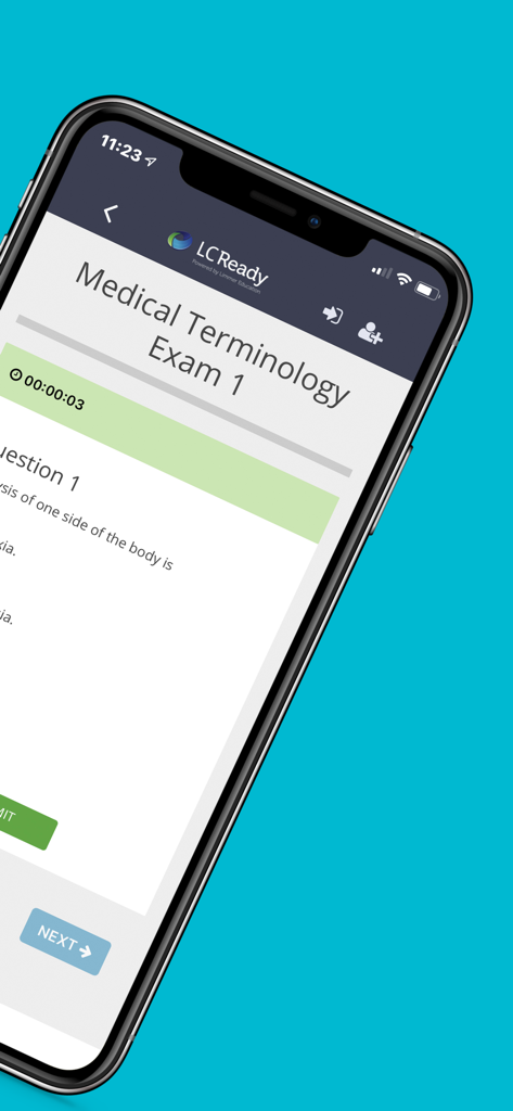 Med Term Review - A smartphone displaying the Medical Terminology Exam 1 screen with the first quiz question on the Med Term Review app.