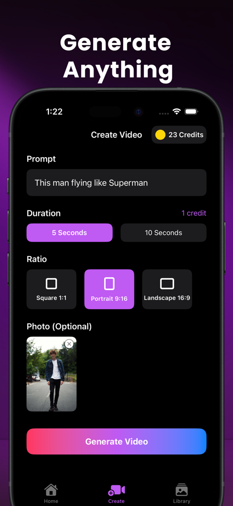 Benutzeroberfläche zur Generierung von KI-Videos aus Textanfragen und Fotos mit benutzerdefinierten Seitenverhältnissen.