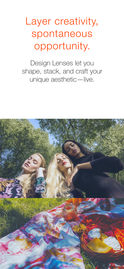 Capria - Capria app screenshot showing creative lenses for aesthetic photography with portrait and picnic images