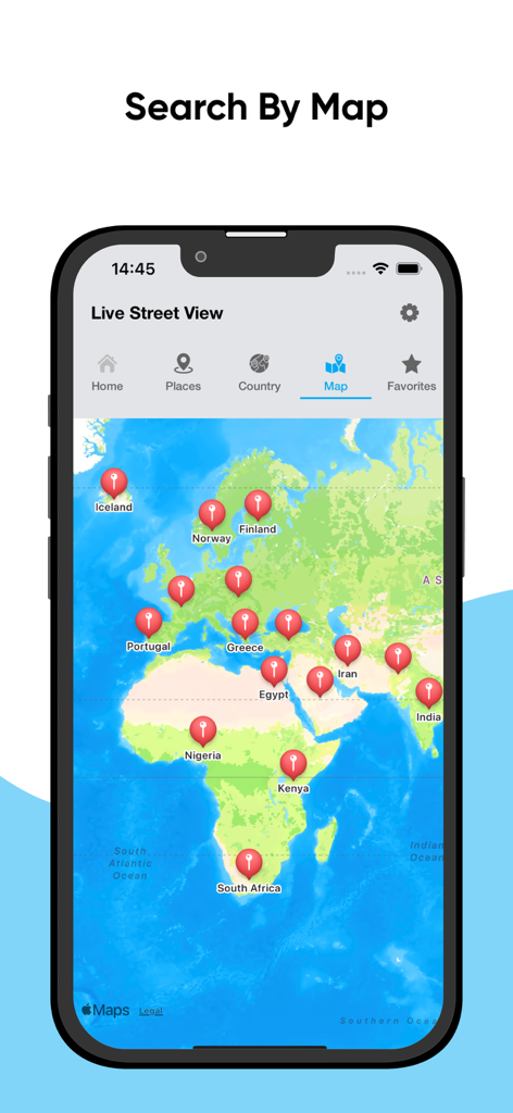 Live Street Camera View - A mobile app interface showing a world map with multiple red location pins indicating live street camera feeds across Africa Europe and Asia