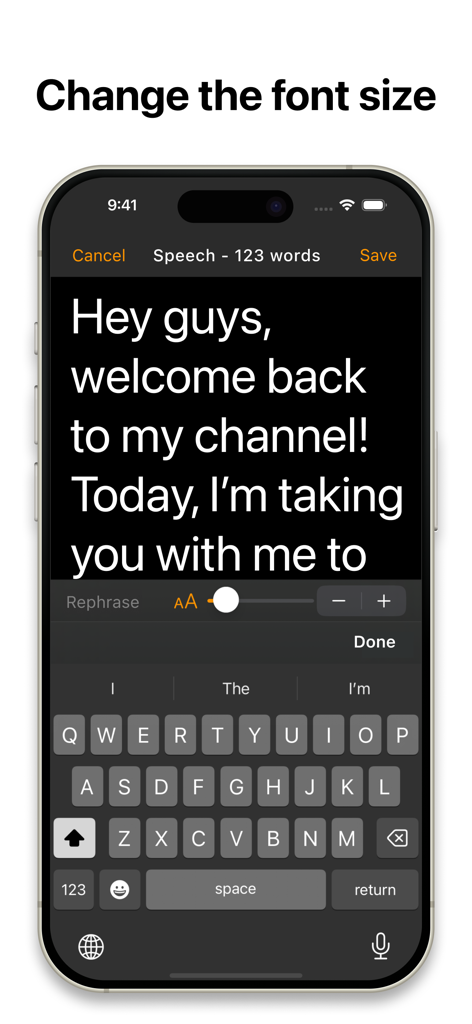 iPhone에서 글꼴 크기 슬라이더 컨트롤이 있는 스크립트 편집기를 보여주는 Teleprompter 앱 인터페이스