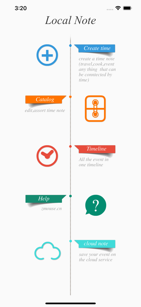 이벤트 생성, 노트 분류, 클라우드 동기화 아이콘이 포함된 미니멀한 수직 타임라인을 보여주는 Time Note 앱 인터페이스.