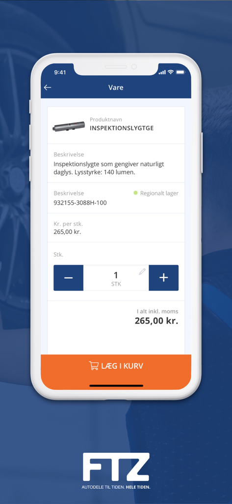 FTZ - FTZ mobile app screen showing product details for an inspection light with an add to cart button