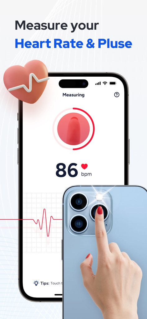 A person using the InPulse app on an iPhone to measure heart rate by placing their finger over the camera lens