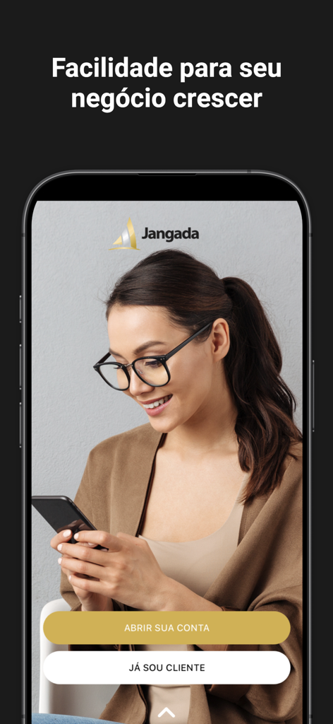 Jangada: Conta PJ Digital - Tela de boas-vindas do aplicativo de conta PJ digital da Jangada, mostrando uma mulher usando um smartphone