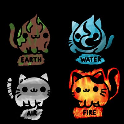 4 cats that represent the different elements, earth, water, air, and fire