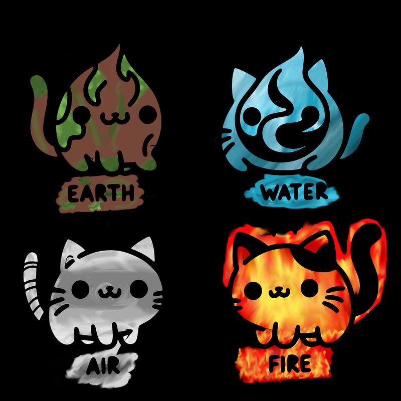 4 cats that represent the different elements, earth, water, air, and fire