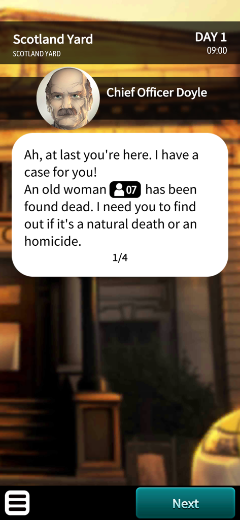 El oficial jefe Doyle presenta un nuevo caso de asesinato en Scotland Yard en la aplicación Chronicles of Crime.
