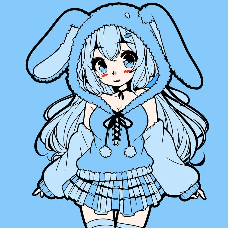 pretty anime girl wearing a fluffy hoodie with bunny ears on the hood and a skirt