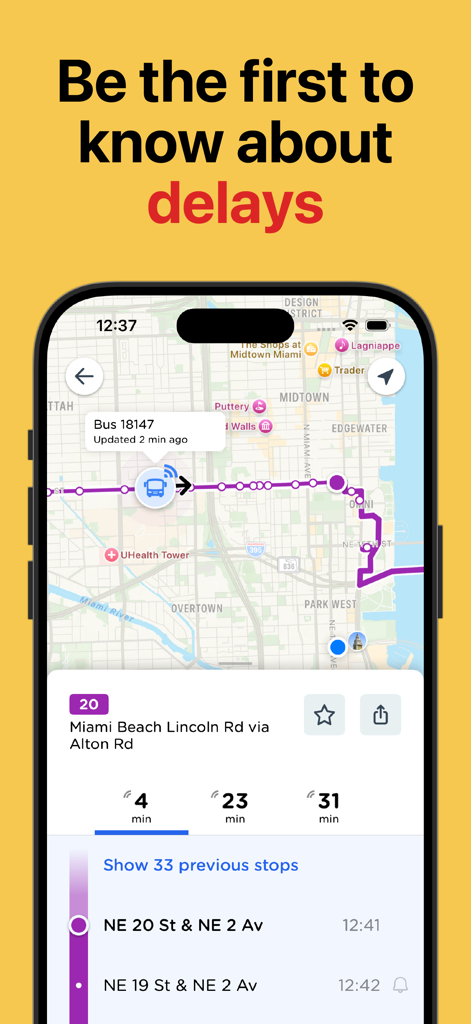 Manchester Bus & Tram - Interface de l'application Manchester Bus and Tram montrant le suivi en direct des bus sur une carte avec les mises à jour des arrivées en temps réel