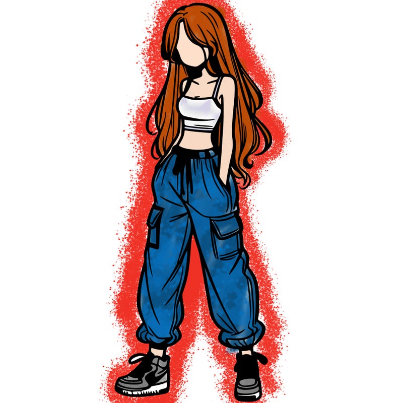 girl in baggy pants crop top and long hair