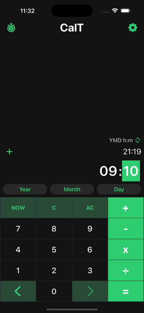 Interfaccia dell'app CalT per il calcolo di date e ore in modalità scura che mostra la tastiera numerica e le unità di tempo