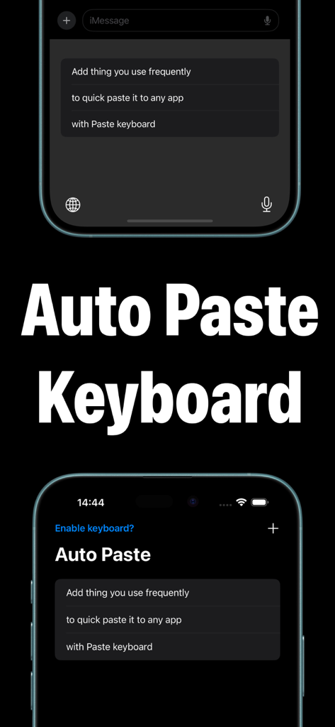 Recurso Teclado Auto Paste mostrando frases personalizáveis para colagem rápida no iPhone