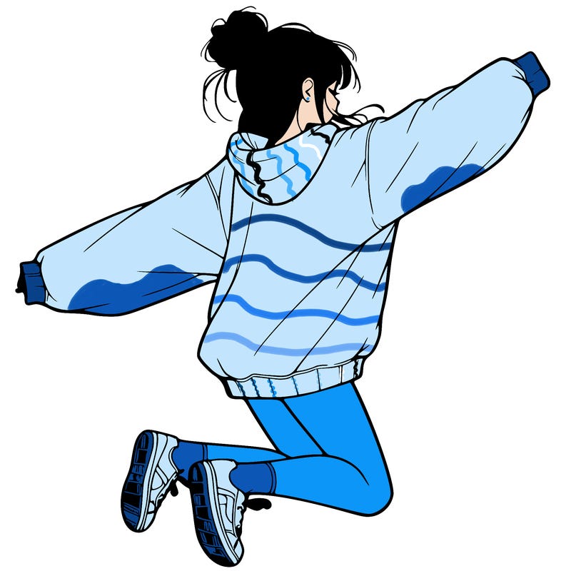 realistic girl jumping with a bun and oversized sweatshirt