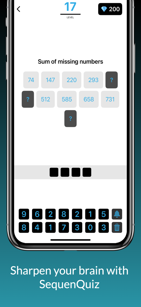 SequenQuiz level showing a math sequence puzzle to sharpen your brain