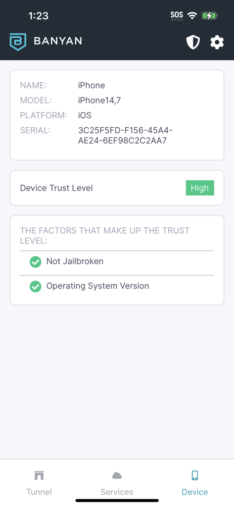 Banyan Security app interface showing a high device trust level on an iPhone with verified security status