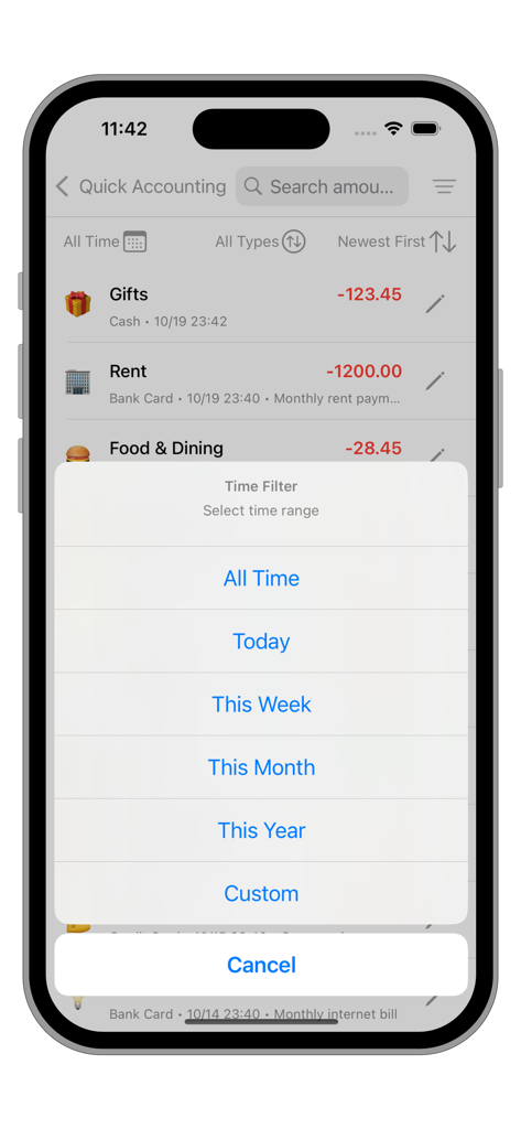 Time filter selection menu in the Wallet Money Manager app