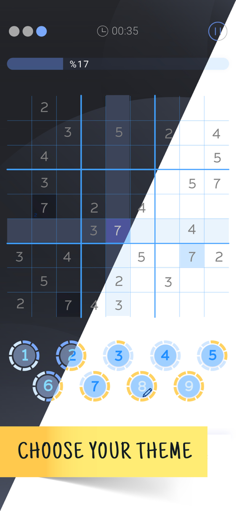 Sudoku: Classic Brain Puzzle - Sudoku game interface showing a split screen of dark and light theme options