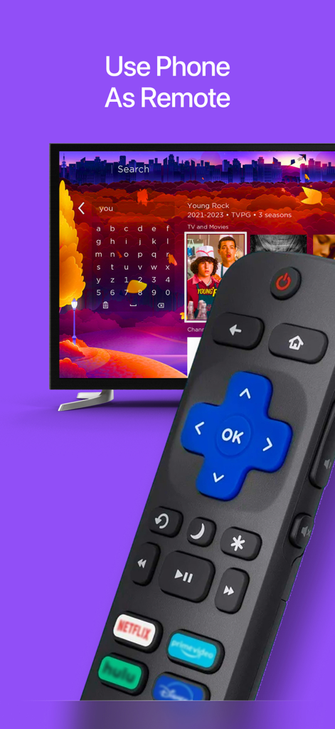 Una interfaz de teléfono inteligente que muestra un control remoto digital para TV Roku junto a la pantalla de un televisor inteligente.