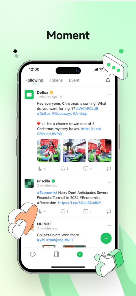 DeBox: Messenger Crypto Wallet - DeBox app interface showing the Moment feed with social posts and crypto community updates