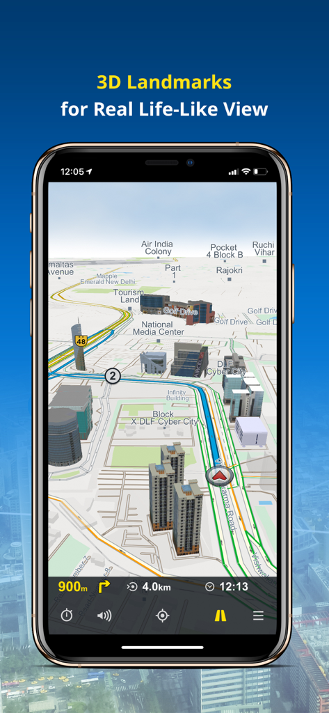 Screenshot of NaviMaps app showing 3D landmarks for realistic GPS navigation in India