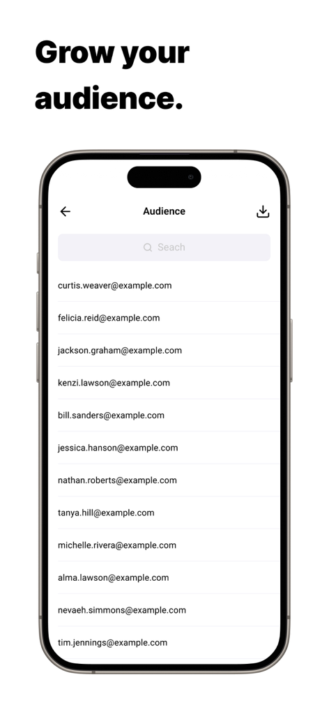 Link In Bio Websites - Mssg.me - Mobile app interface of Mssg.me showing a list of audience contact emails for lead management