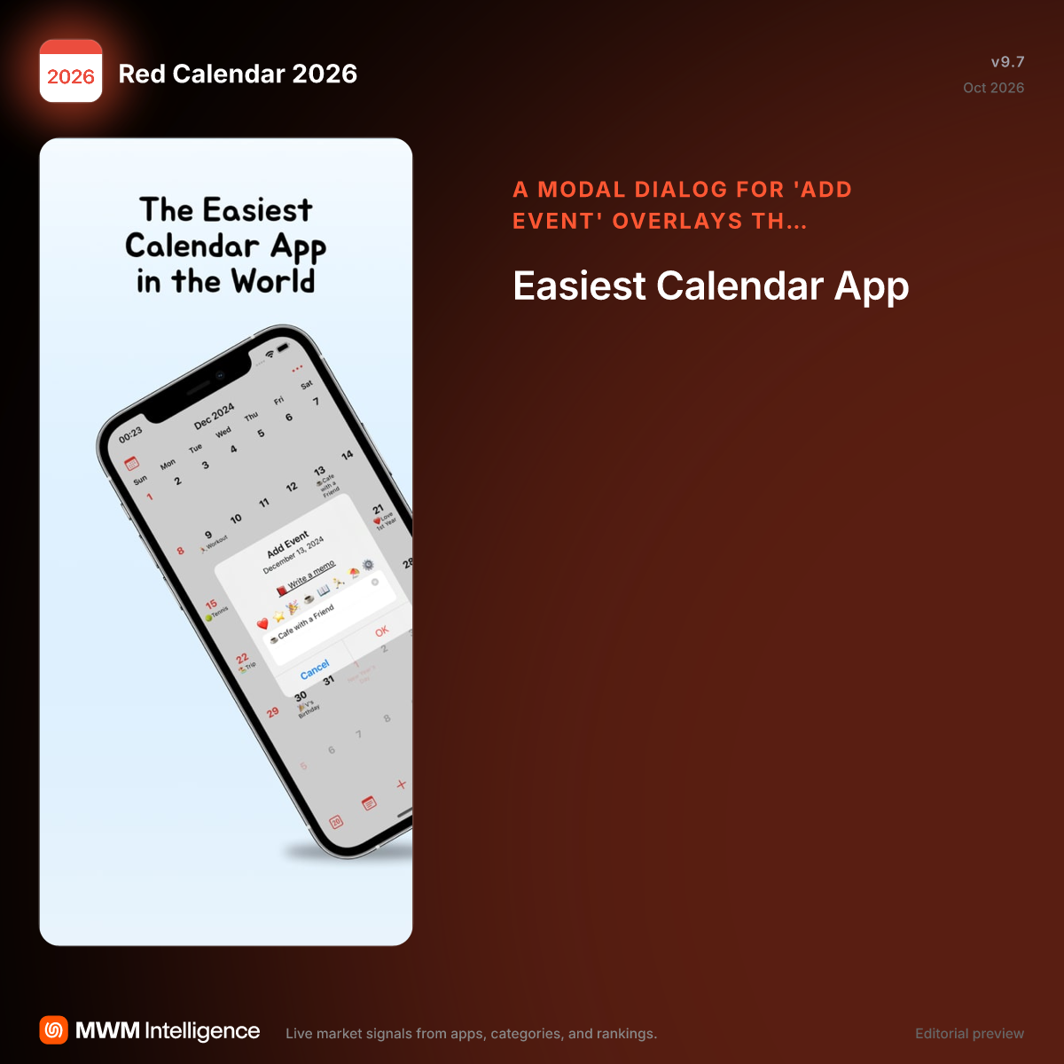Red Calendar 2026 - Productivity App | MWM