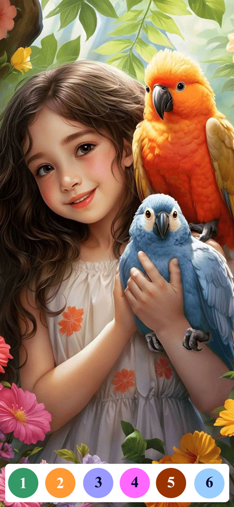 Senior Color - Paint By Number - A paint by number illustration of a young girl holding two colorful parrots surrounded by flowers.