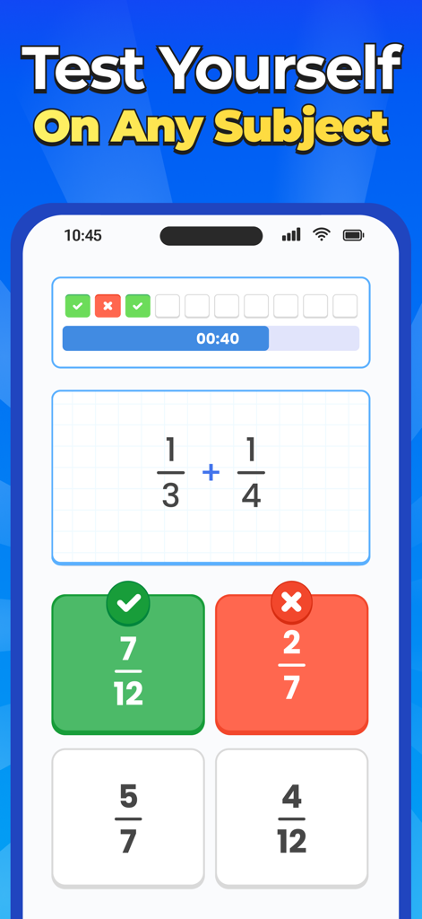 Go Math app screenshot showing a fractions addition problem with multiple choice answers.