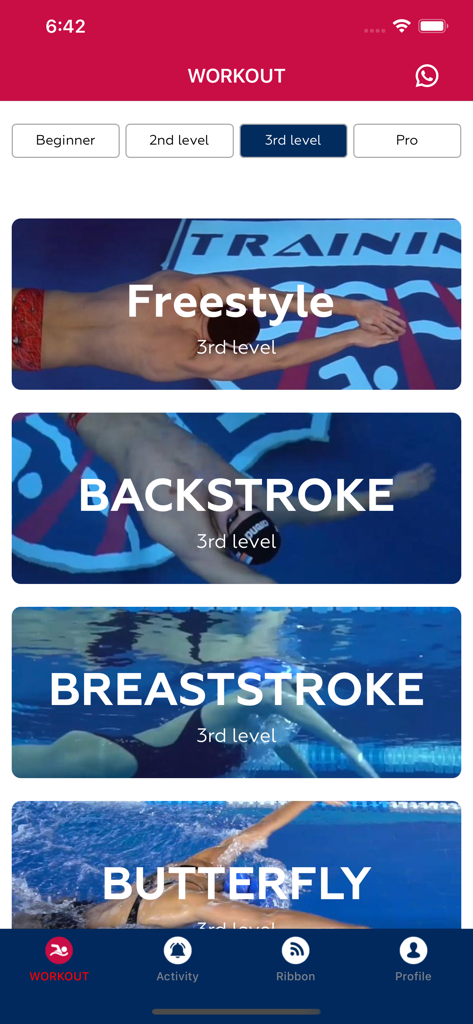 Selección de entrenamientos de natación por tipo de estilo y nivel de dificultad