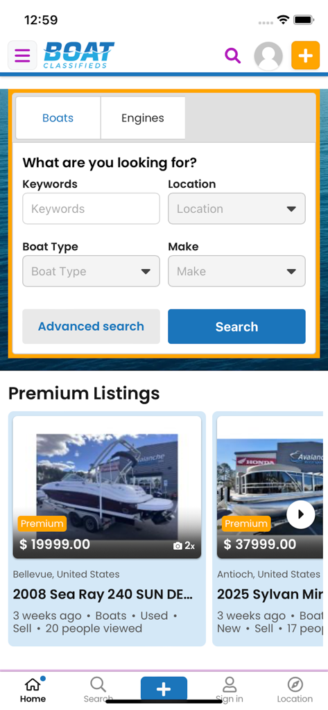 Boat Classifieds - Home screen of the Boat Classifieds app featuring a search interface for boats and engines and premium marine listings.