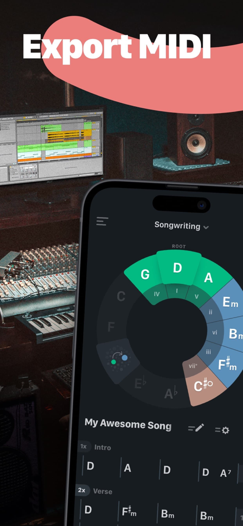 Tonaly app songwriting interface on iPhone in a music studio highlighting MIDI export functionality
