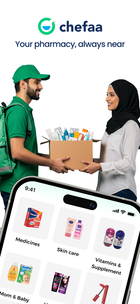 A delivery man handing a box of medical supplies to a customer with the Chefaa mobile app interface in the foreground