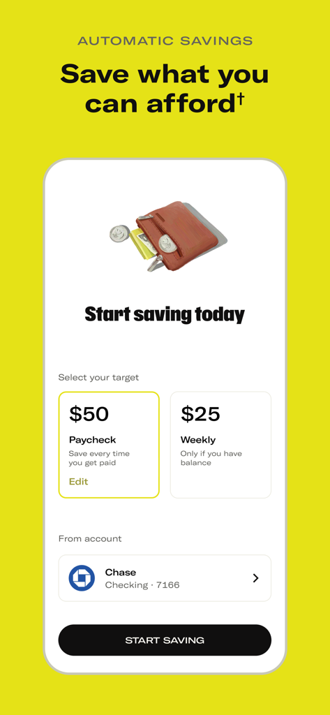 Tilt: Cash Advance & Credit - Interfaz de la aplicación Tilt que muestra la configuración de ahorros automáticos con opciones para ahorrar por cheque de pago o semanalmente.