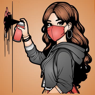 realistic girl with mask spray painting a wall