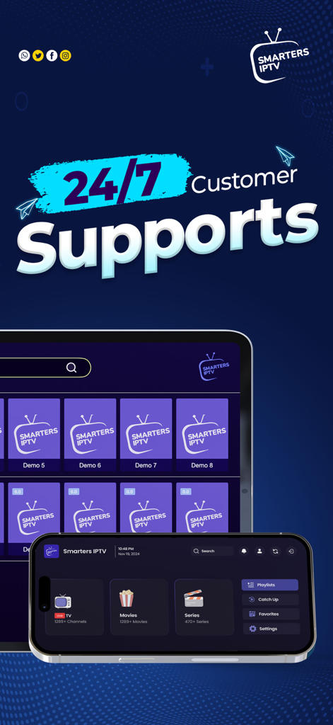 Smarters IPTV Player - Smarters IPTV Player App-Oberfläche auf Mobilgeräten mit 24/7-Kundensupport